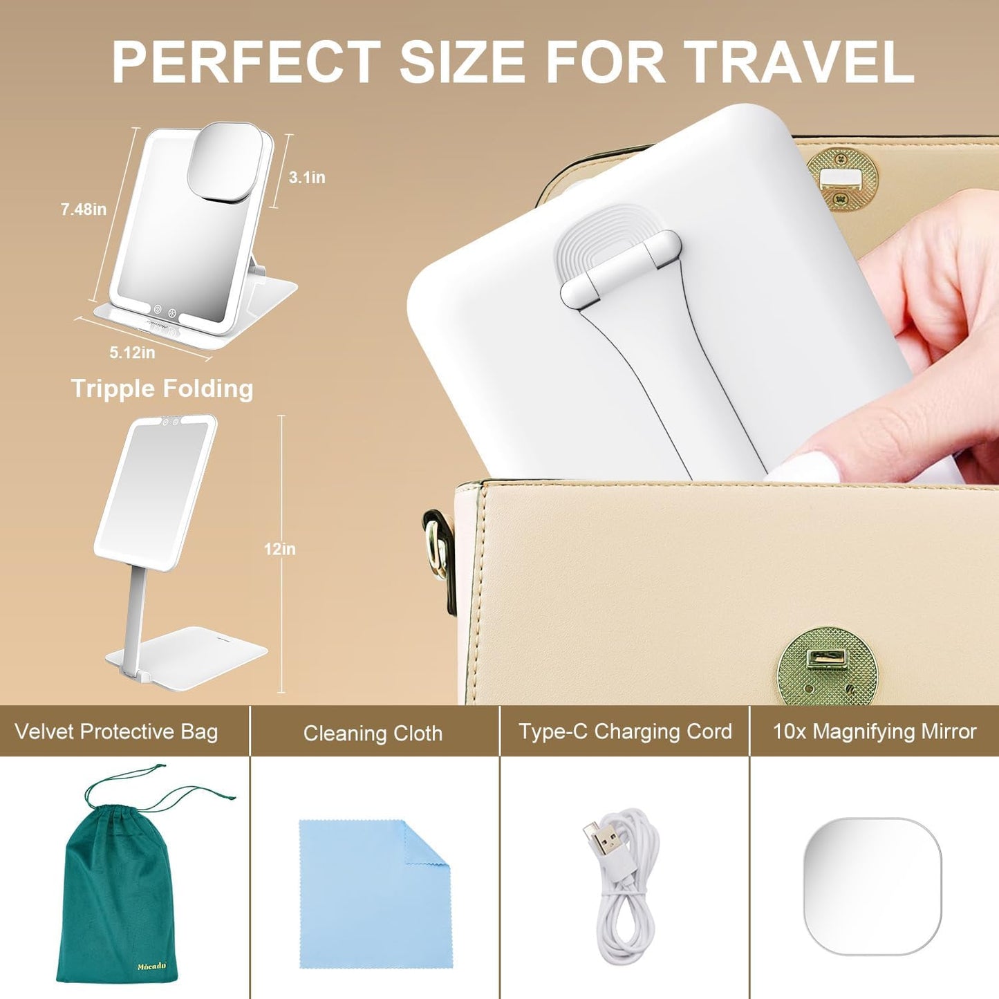 Mocado Travel Makeup Mirror with Light - 7x5 Inches Tripple Folding Travel Mirror with Light, 3 Colors Lighted Makeup Mirror, Portable Makeup Mirror, Freely Adjust Height and Angle(White)