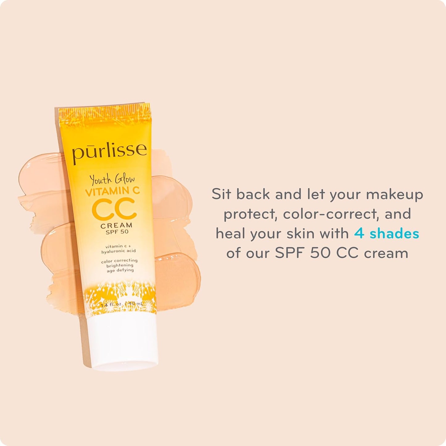 pürlisse Youth Glow Vitamin C CC Cream with SPF 50 - Color Corrector Enriched with Sea Buckthorn, Vitamin C & Hyaluronic Acid - Boosts Radiance & Youthfulness - Paraben-Free - Fair (1.4 oz)