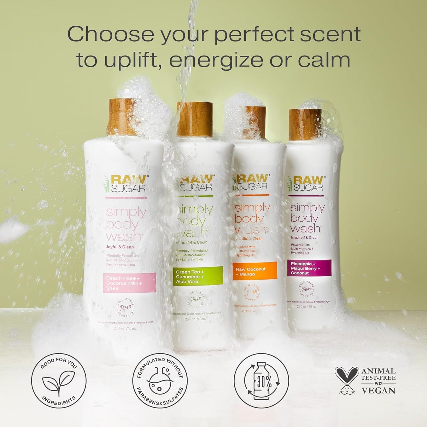 RAW SUGAR Sensitive Skin Simply Body Wash - Green Tea + Cucumber + Aloe Vera, Moisturizing & Brightening Bath & Shower Gel, Sulfate-Free, Paraben-Free & Vegan (Pack of 3)