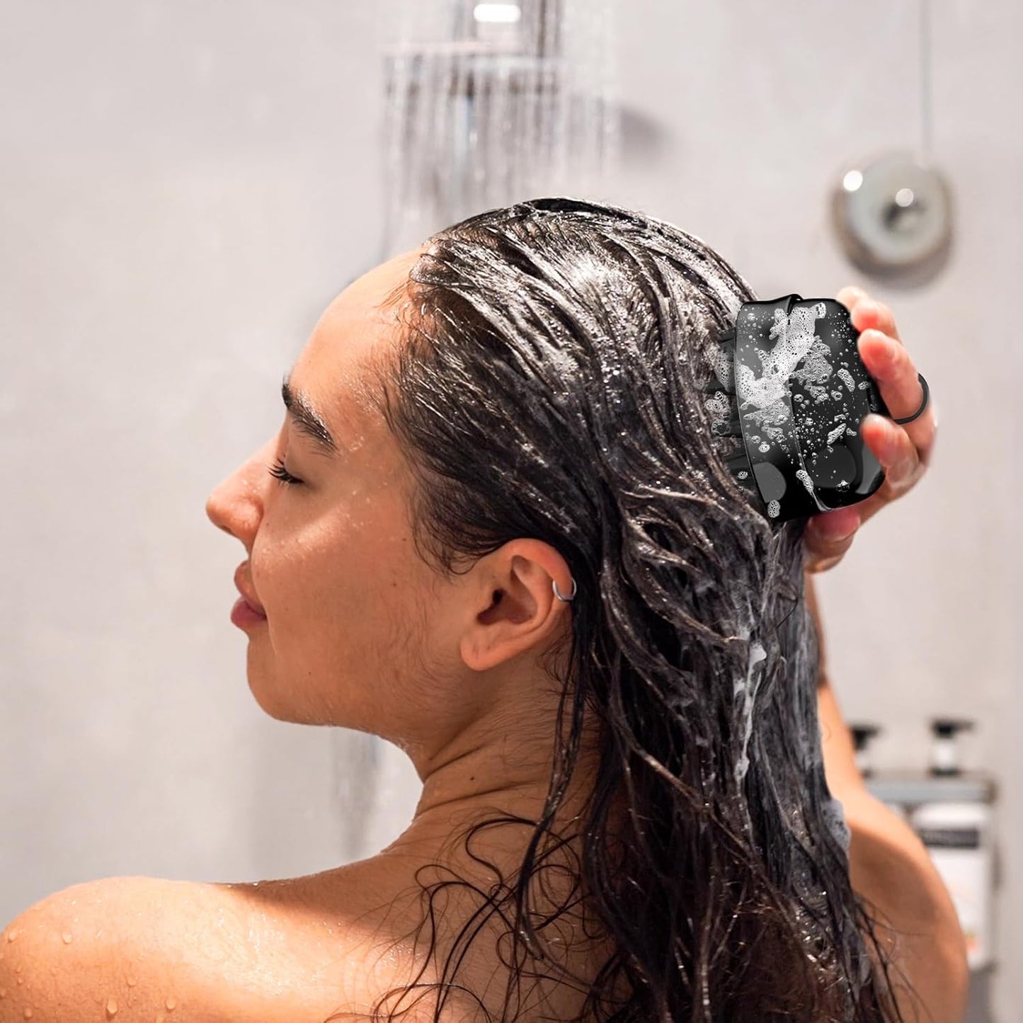 2 in 1 Scalp Massager Hair Growth,Scalp Scrubber with Soft Silicone Bristles for Dandruff Removal,Shampoo Brush for Exfoliation,Head Massager for Both Wet and Dry Use (Black)