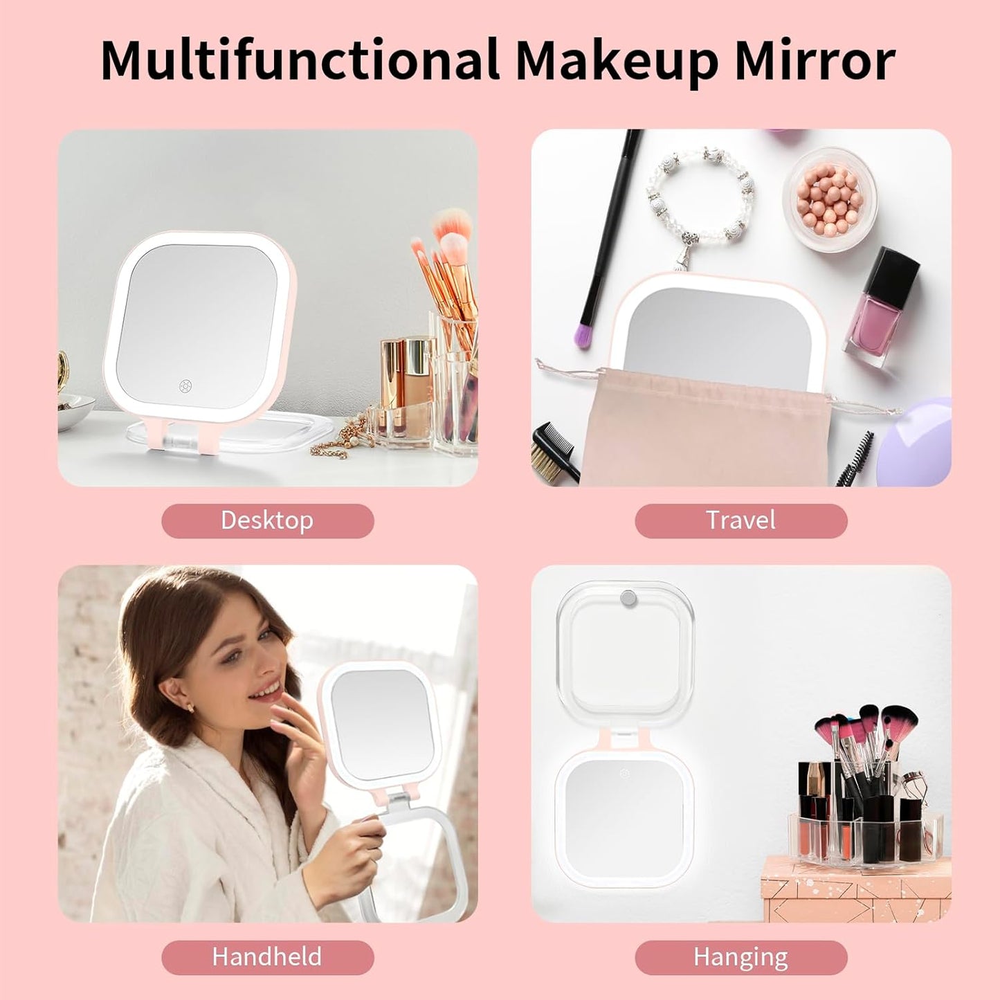 DESCHEN Rechargeable Travel Makeup Vanity Mirror with Lights and Magnification, Portable 1X/10X Magnifying Mirror with 3 Color Light, Lighted Makeup Mirror with Magnification, Folding LED Desk - Pink