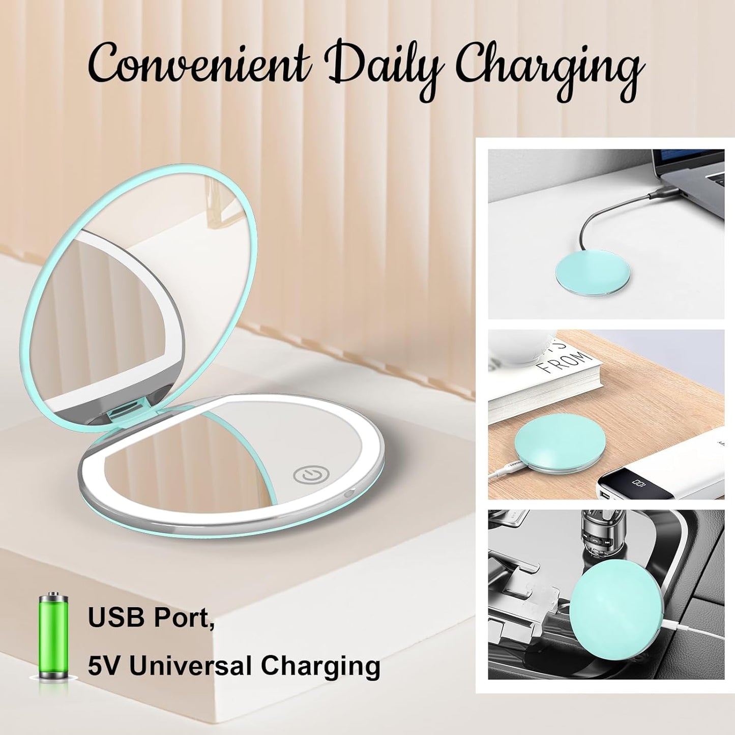 Compact Mirror with Light, 1X/3X Magnification LED Pocket Mirror with USB Data Cable,Mini Mirror for Purse, Pocket,Travel and Present (Mint Green)