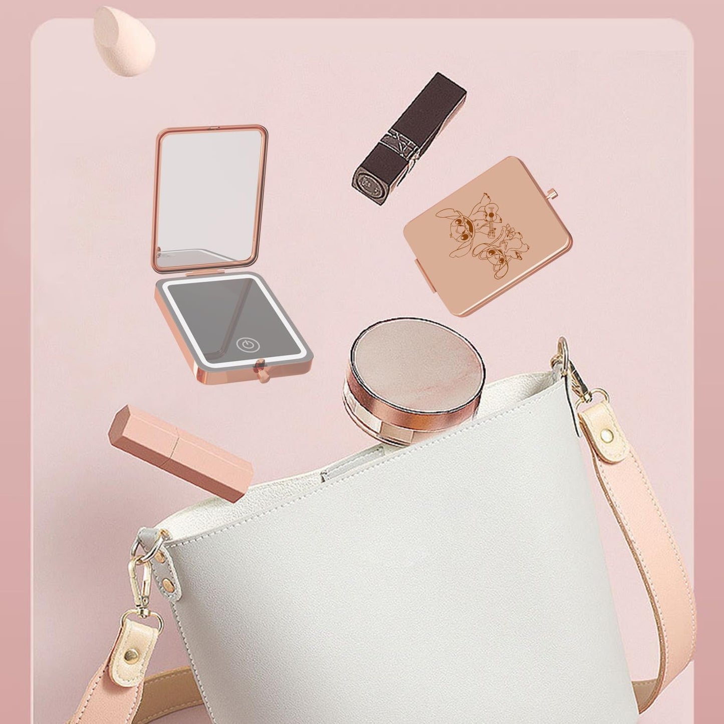 Vanity Mirror with Lights, 3X Magnifying LED Compact Travel Mirrors for Pocket,Purse, Double-Sided Foldable Handheld,Makeup Mirror with Lights, Gifts for Women, Stitch Accessory