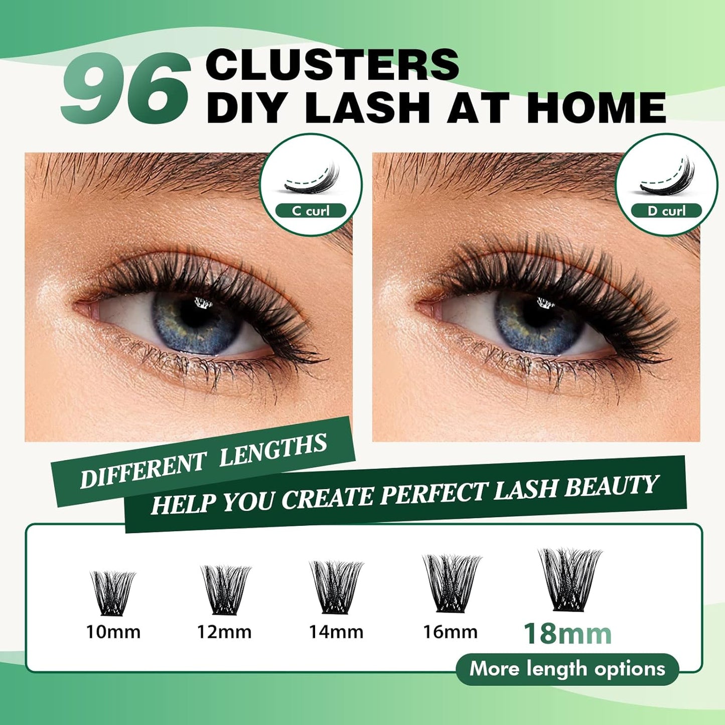 Lash Clusters 96pcs Individual Lashes Y02 D Curl 18mm Cluster Lashes KEYYOU Volume Wispy Lash Extension Soft&Comfortable Easy DIY at Home(Y02 D-18mm)