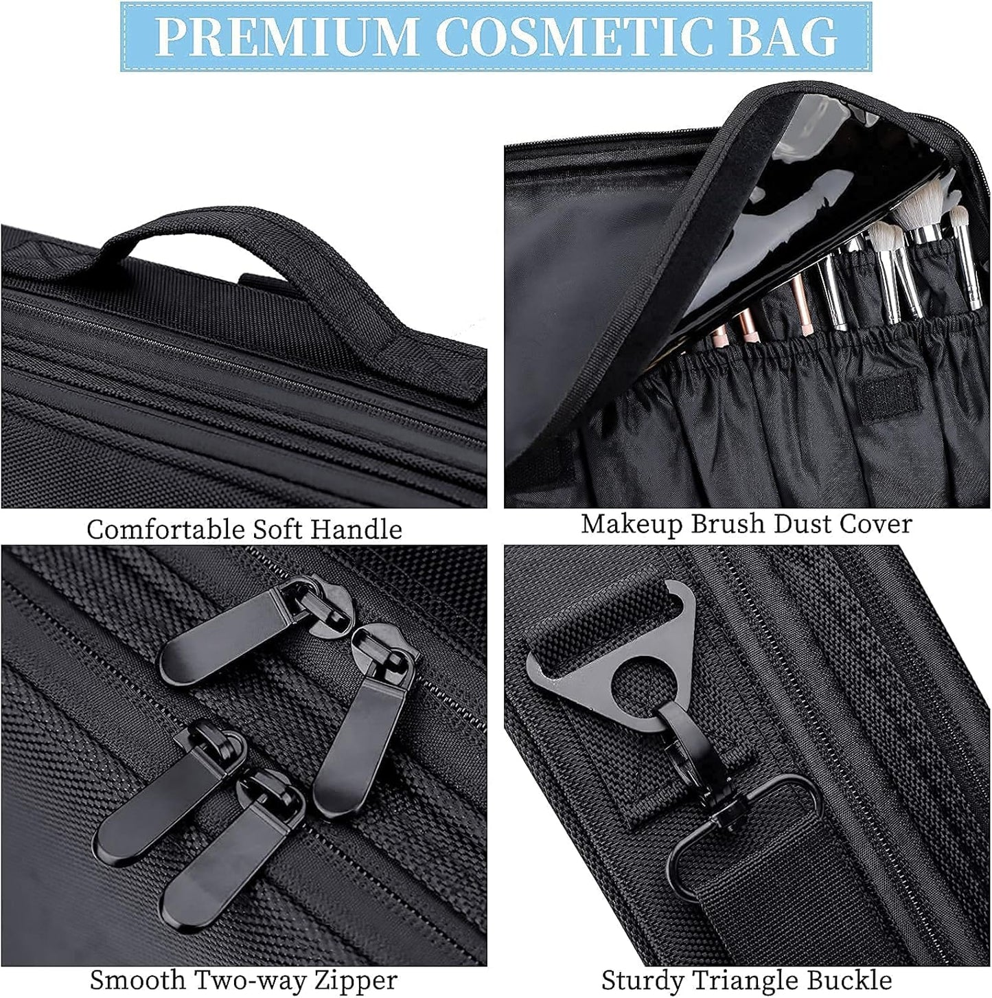 JOURMON Travel Makeup Case 3 Layers Makeup Train Case Portable Makeup Bag Organizer Portable Artist Storage Bag with Adjustable Dividers and Shoulder Strap(Black, M)