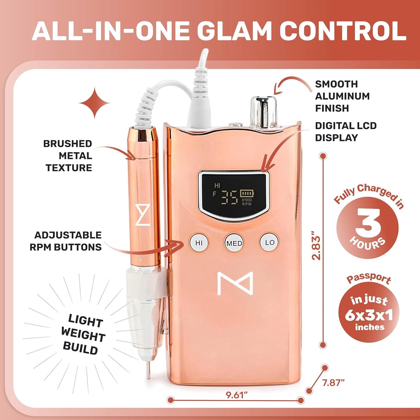 M GEM Brushless Nail Drill 35K RPM | Professional Cordless Efile Machine | Rechargeable Electric Nail File with Bits | Portable Quiet Low Vibration Tool for Acrylic, Gel, Natural Nails (Metallic RG)