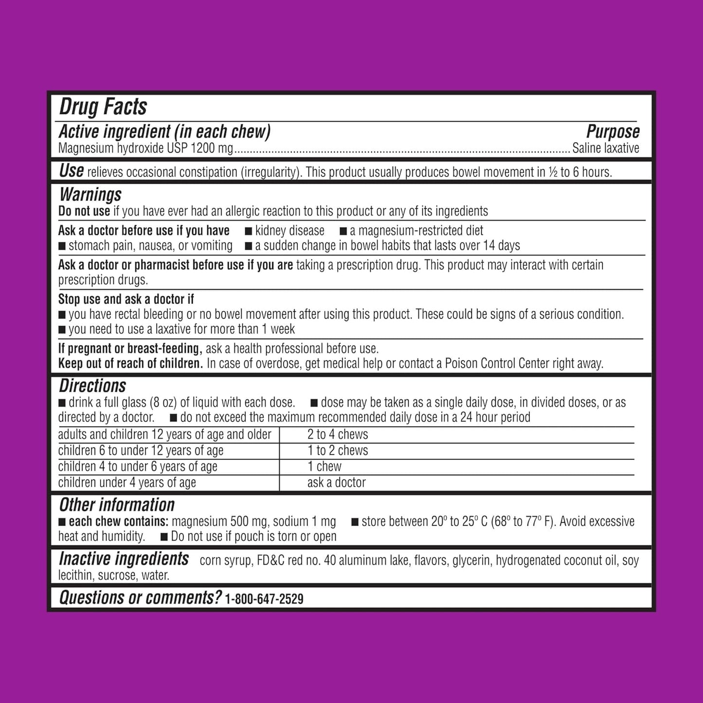 MiraFAST Soft Chews, from The Makers of MiraLAX, Gentle Constipation Relief, Fast Acting Laxative, Stimulant Free Saline Laxative, Magnesium Hydroxide, Blueberry & Raspberry Flavor, 60ct
