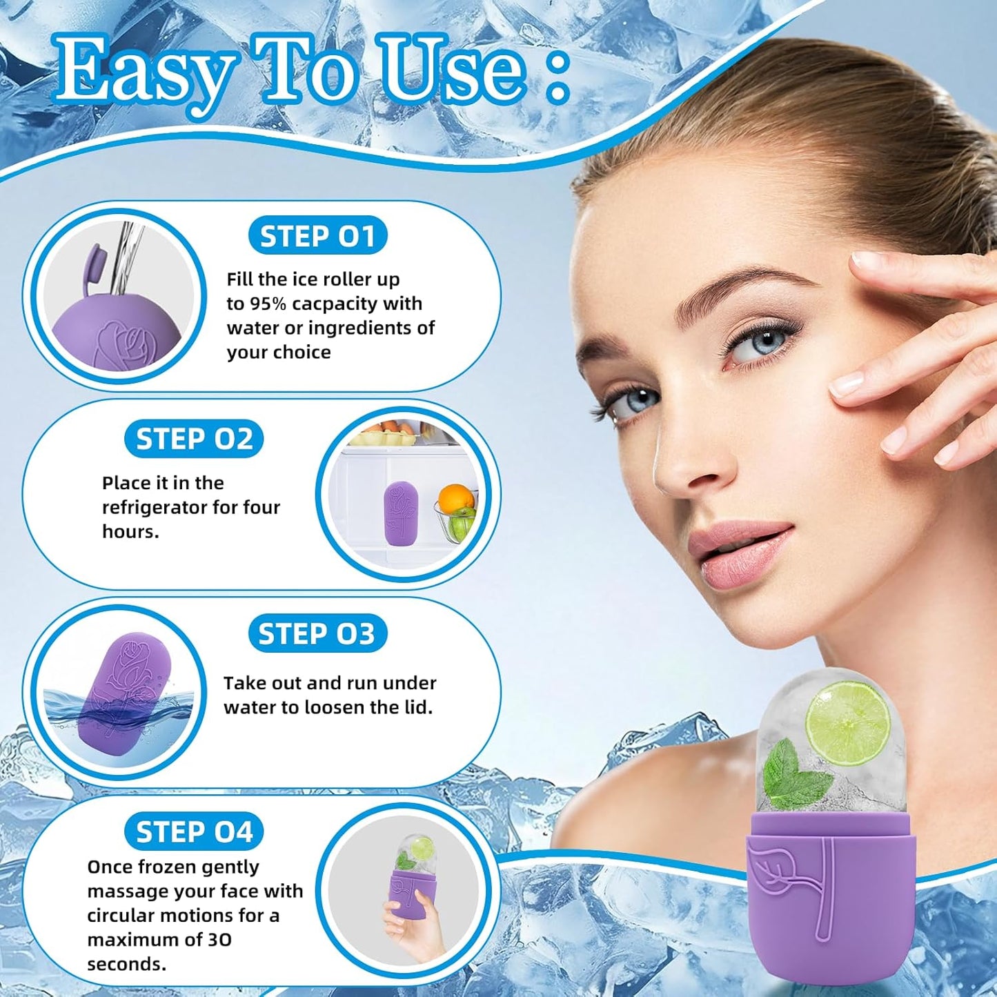 Ice Face Roller Massager for Face, Reusable Silicone Ice Cube Mold, Facial Beauty Ice Roller, Reduce Puffiness and Dark Circles, Minimize Pores & Improve Skin Texture (Purple)