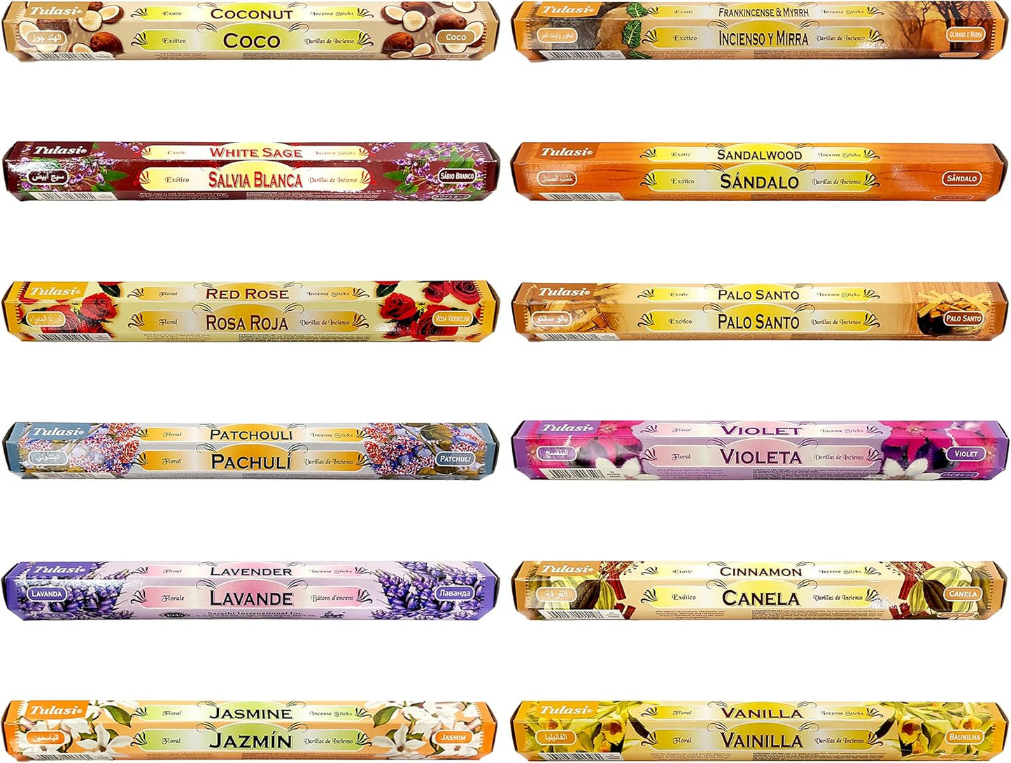 Tulasi Incense Sticks Pack of 12 Natural Scent (240 sticks) Variety Fragrance of Coconut, White Sage, Red Rose, Palo Santo, Lavender & Cinnamon etc, Ideal for Aromatherapy, Meditation & Positive Vibes
