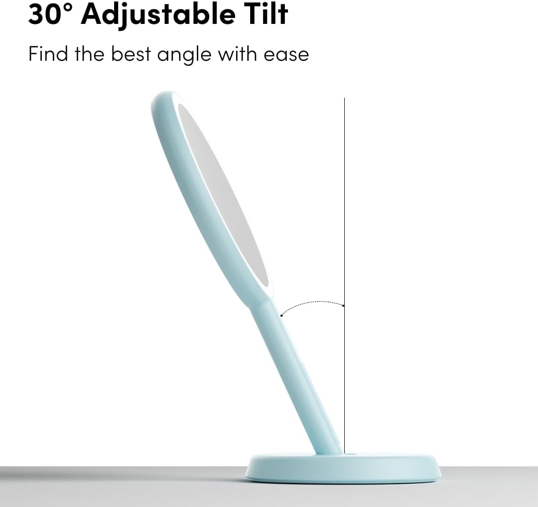 Fancii Cami Handheld Travel Makeup Mirror with Lights, Rechargeable, Extra Large, Double Sided 5X / 1X Magnifying Mirror - 3 Color Lighting, Handheld or Vanity (Blue Fluff)