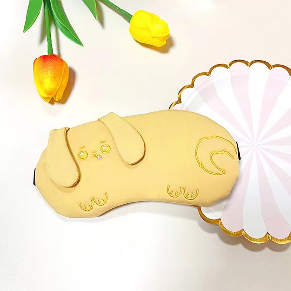 PERFECTSIGHT Eye Mask, Cute Plush Lightweight Adjustable Eyeshade, Faux Fur Cover for Women Men Sleep Travel Nap, Yellow Puppy