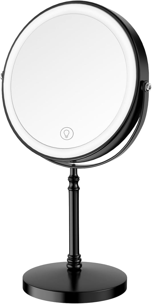 Lighted Makeup Mirror, 3000 mAh Rechargeable Double Sided Magnifying Vanity Mirror with 3 Colors, 1x/10x, 360° Rotation , Brightness Adjustable Magnification Cosmetic Light up Mirror, Women Gift