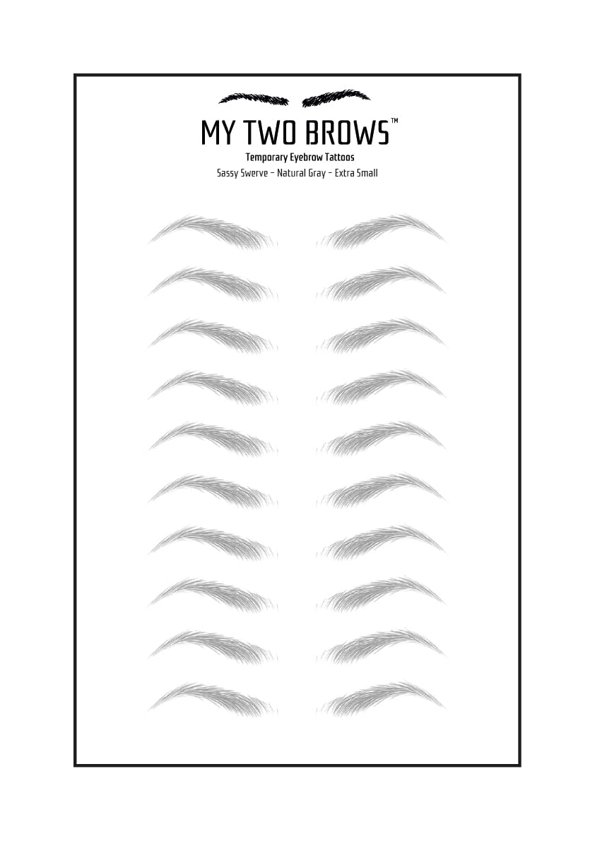 (10 pairs) Natural Gray Temporary Eyebrow Tattoo - Extra Small Size - Waterproof & Smudgeproof - Sassy Swerve Style Eyebrow Stickers - Sheet Lasts up to 30 Days - Won't Work on Existing Brows