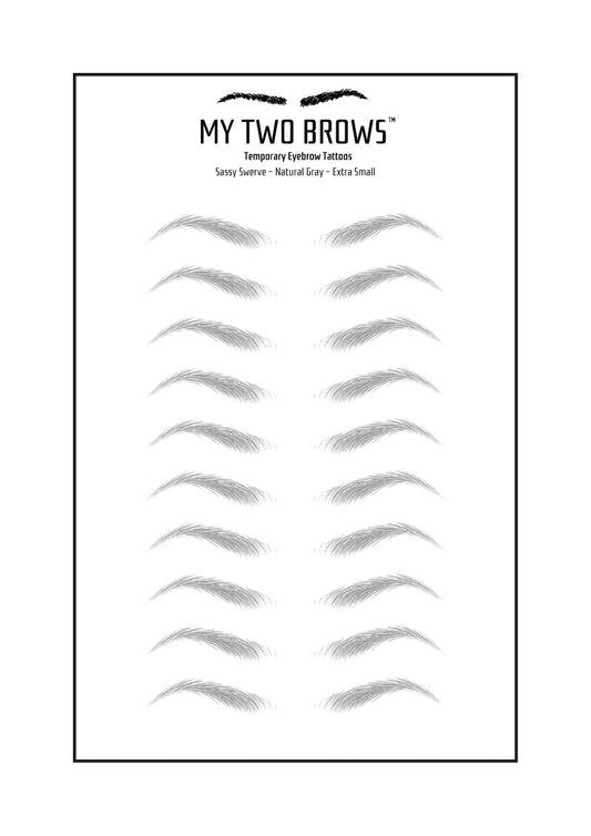 (10 pairs) Natural Gray Temporary Eyebrow Tattoo - Extra Small Size - Waterproof & Smudgeproof - Sassy Swerve Style Eyebrow Stickers - Sheet Lasts up to 30 Days - Won't Work on Existing Brows