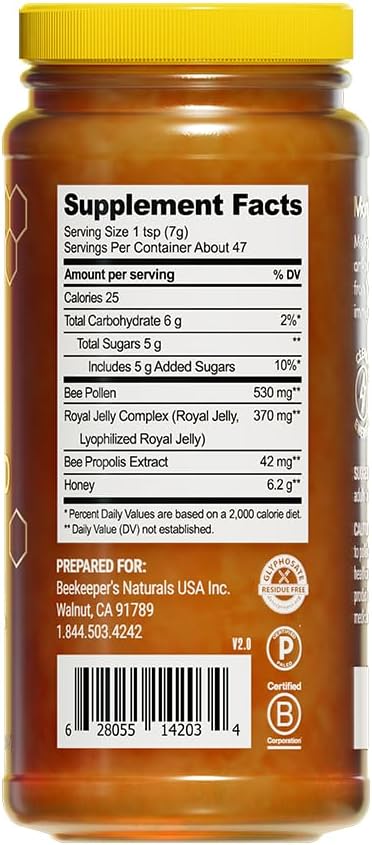 Superfood Honey by Beekeeper's Naturals - Bee Pollen, Royal Jelly, Propolis, Honey - Natural Energy, Immune Support, Mental Clarity, Athletic Performance (11.6 oz)