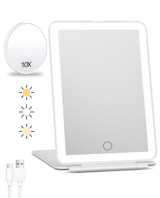 FUNTOUCH Rechargeable Travel Makeup Mirror with Lights and 10X Magnifying Mirrors, Portable Lighted Vanity Mirror with 80 Led,2000mAh Battery,3 Color Lighting,Touch Dimming,Tabletop Light up Mirror