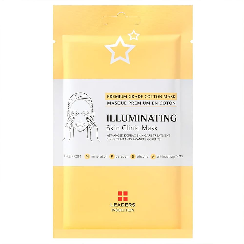 Leaders Insolution Illuminating Skin Clinic Mask | Omega-3 & Purslane Extract for Radiant Glow | Niacinamide Brightening Treatment | Even Skin Tone | 100% Natural Cotton (5 Sheets)