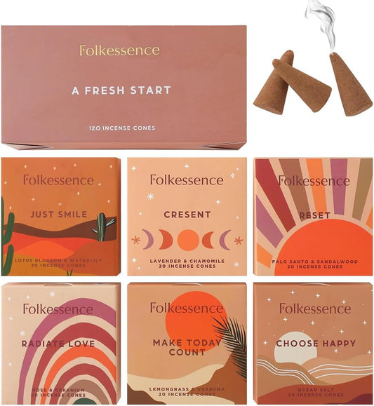 Folkulture Incense Cones Scented | Set of 6 (120 Cones) with Incense Cones Holder | Lavender Incense, Palo Santo, Sandalwood Inscents for Gifts for Her | Incense Cone Variety Pack