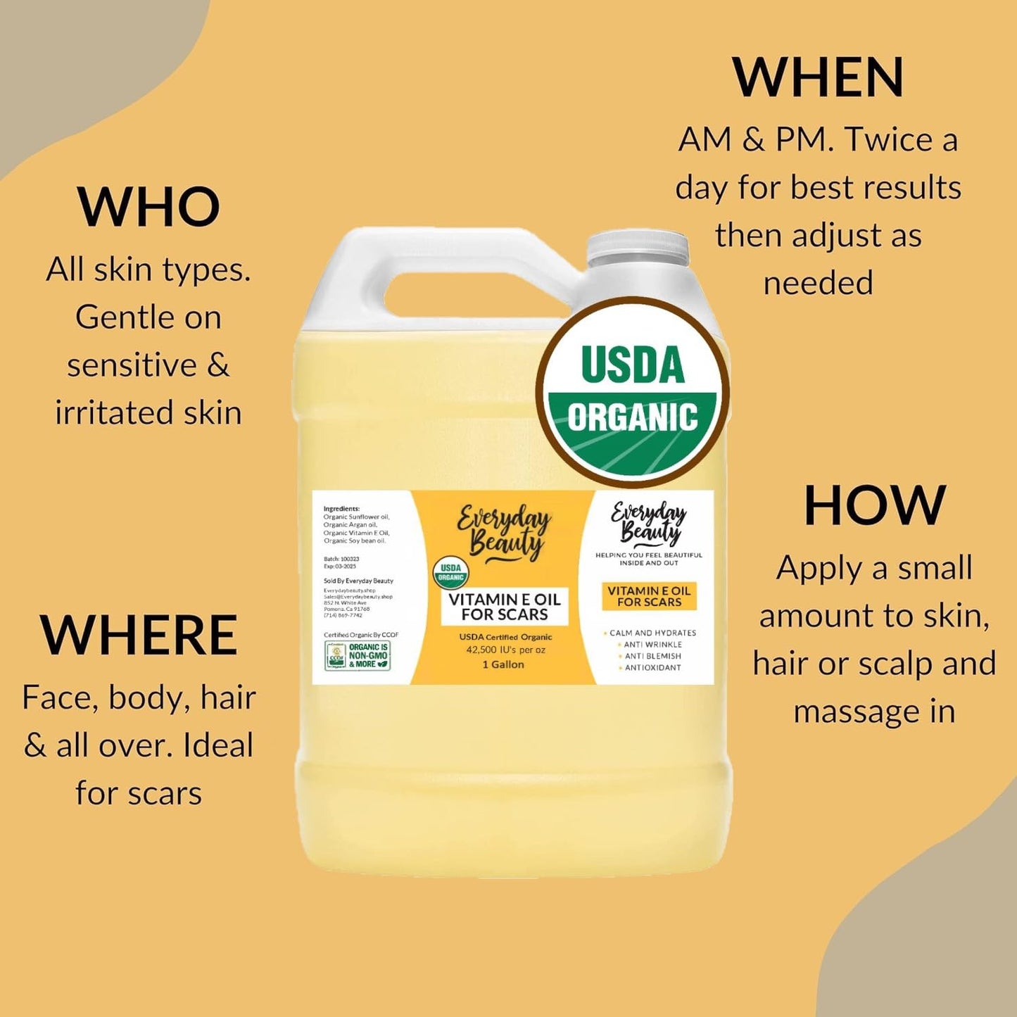 Organic Vitamin E Oil Bulk - 1 Gallon USDA Certified 100% All Natural Plant Based - Light and Unscented Great for Scars After Surgery - For Face, Skin and Nails - DIY, Reduce Wrinkles & Anti Aging