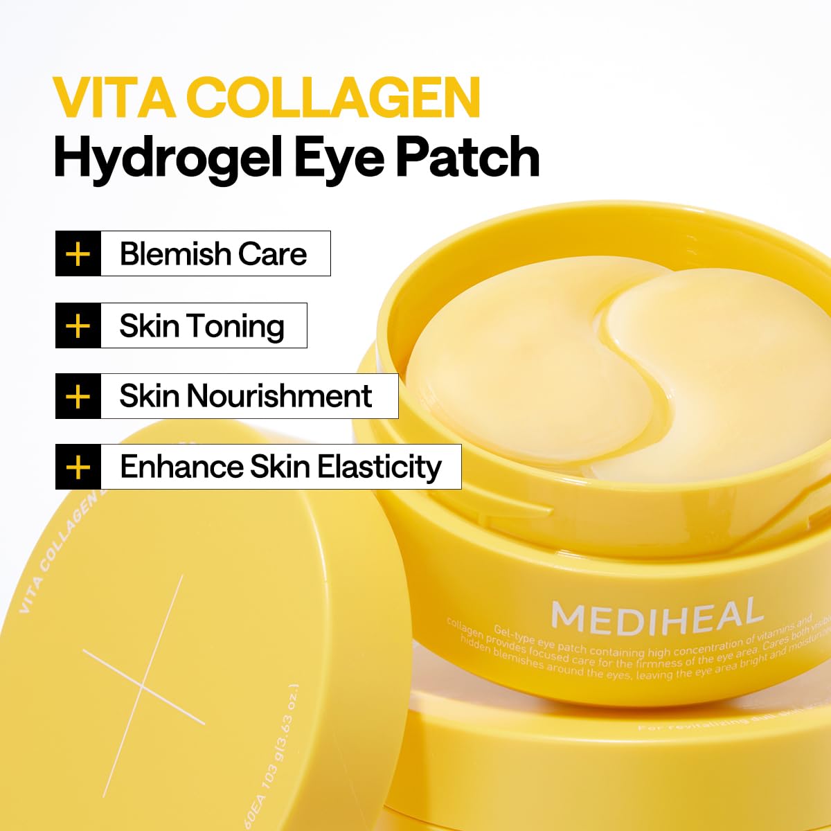 Mediheal Vita Collagen Under Eye Patches for - Korean Hydrogel Eye Pads (60 patches) with 7 Vitamin & 5 Micro Collagen. Moisturizng & Non Irritating Eye Gel Mask. Sealing Cap Included.