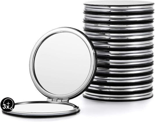Compact Mirror Bulk, Set of 12 Round Double-Sided 1X/3X Magnification PU Leather (Black, 2.8")