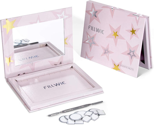 Magnetic Empty Makeup Palette with Mirror – Customizable Refillable Case for Eyeshadow, Blush, Lipstick, Highlighter – Lightweight, Waterproof, with Spatula & 20 Metal Stickers (Pink, Medium)