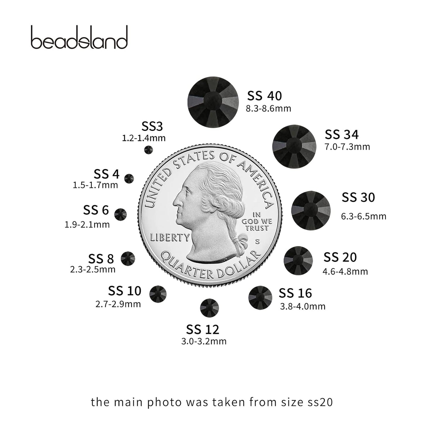 beadsland Flat Back Crystal Rhinestones Round Gems, Black (1.9-2.0mm) SS6/1440pcs