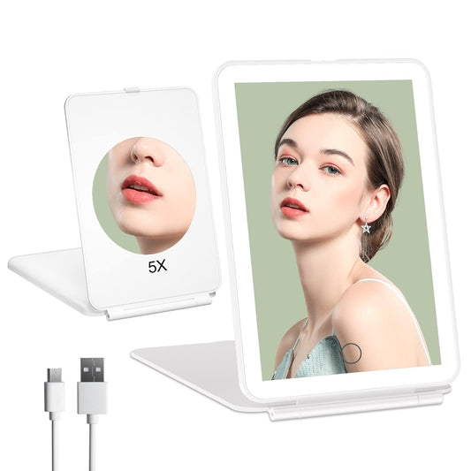 FUNTOUCH Rechargeable Portable Makeup Mirror with 72 LED Lights, Travel Lighted 1X/5X Magnification, 3 Color Lighting,Dimmable Touch Screen, Tabletop Folding Cosmetic Lights