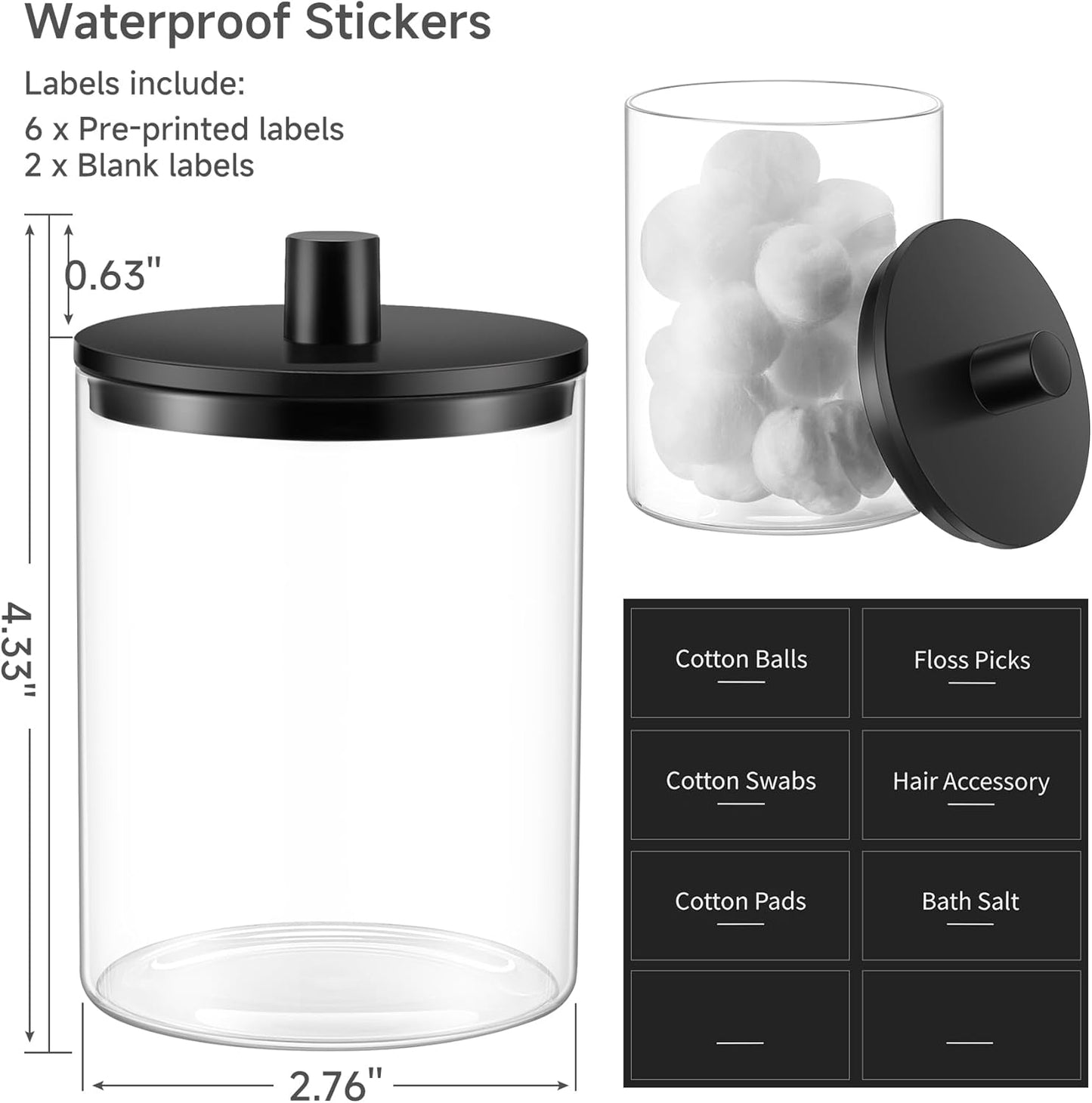 TIPGO Glass Qtip Holder Dispenser for Bathroom - 10 oz Clear Canister Apothecary Jar for Cotton Swabs, Balls, Pads, Floss Picks, Small Containers for Makeup Storage Organizer (4 Pack, Black)