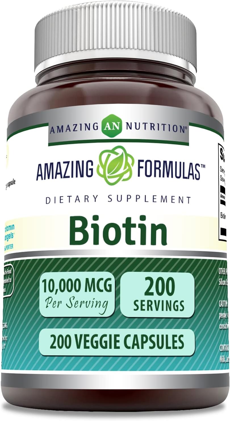 Amazing Formulas Biotin 10,000 Mcg Supplement | 200 Veggie Capsules | Non-GMO | Gluten-Free | Made in USA | Suitable for Vegetarians