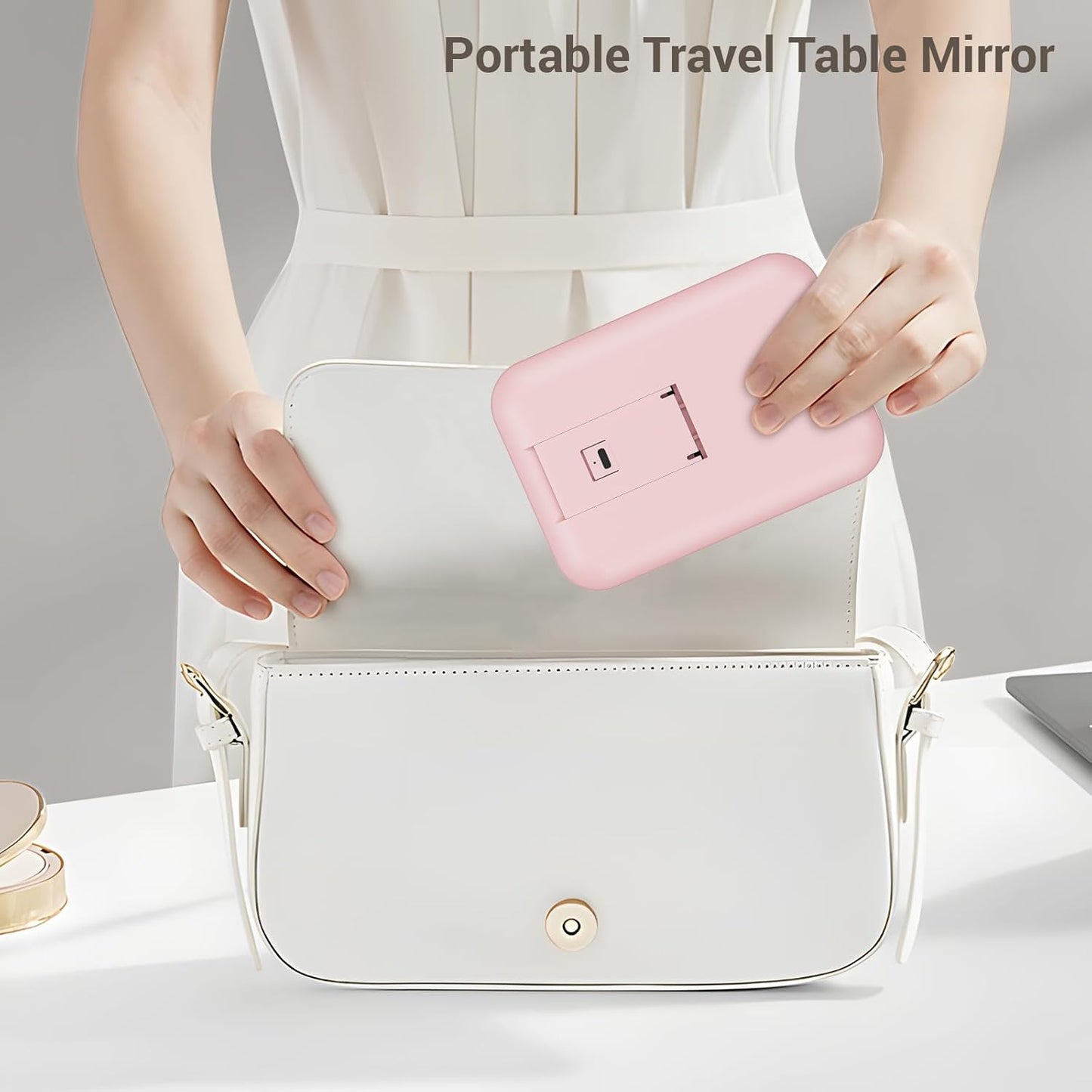 Kintion Travel Makeup Mirror, 6"*4.2" Rechargeable Portable LED Lighted Tabletop Vanity Mirror, 3 Colors Touch Dimmable Compact Mirror for Women Gift, Pink