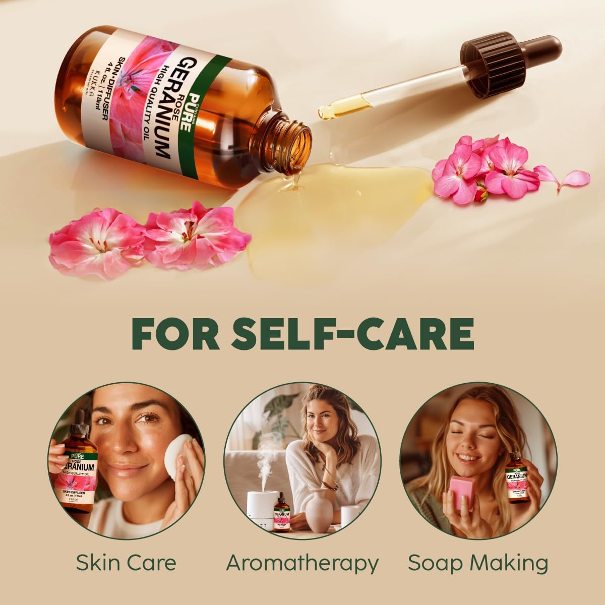 Kukka Rose Geranium Essential Oil for Skin - 4 Fl Oz - Geranium Oil for Diffuser & Aromatherapy, DIY Soap Making Scents