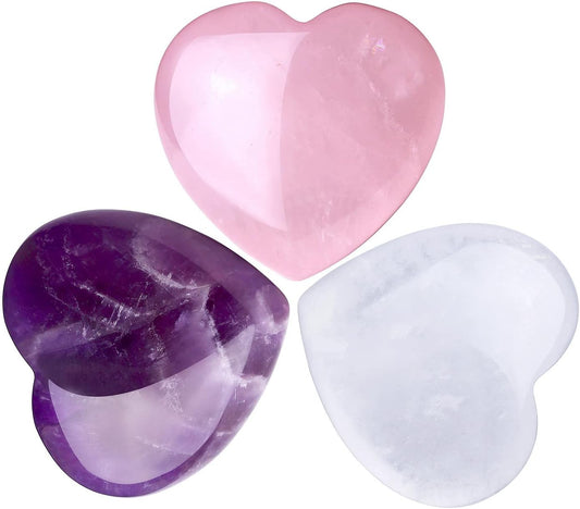 QINJIEJIE 1.2" Large Heart Crystals Rose Quartz Amethyst Healing Clear Crystal Heart Shape Love Stones Gemstones Stone Polished Thumb Gemstones Therapy Reiki Energy Balancing Gifts 3 Pcs