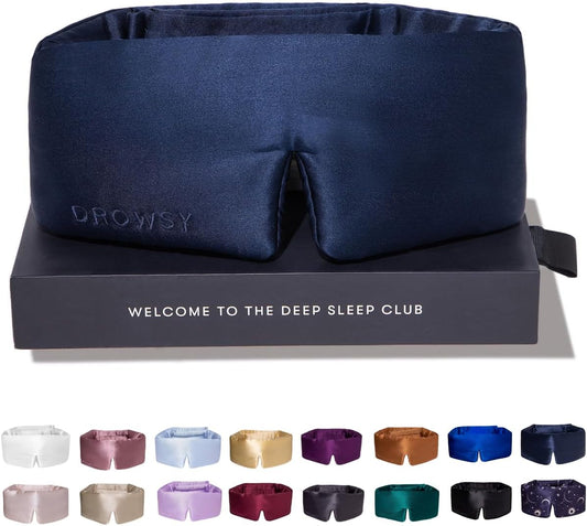 DROWSY Silk Sleep Mask. Face-Hugging, Padded Silk Cocoon for Luxury Sleep in Total Darkness. (Midnight Blue)