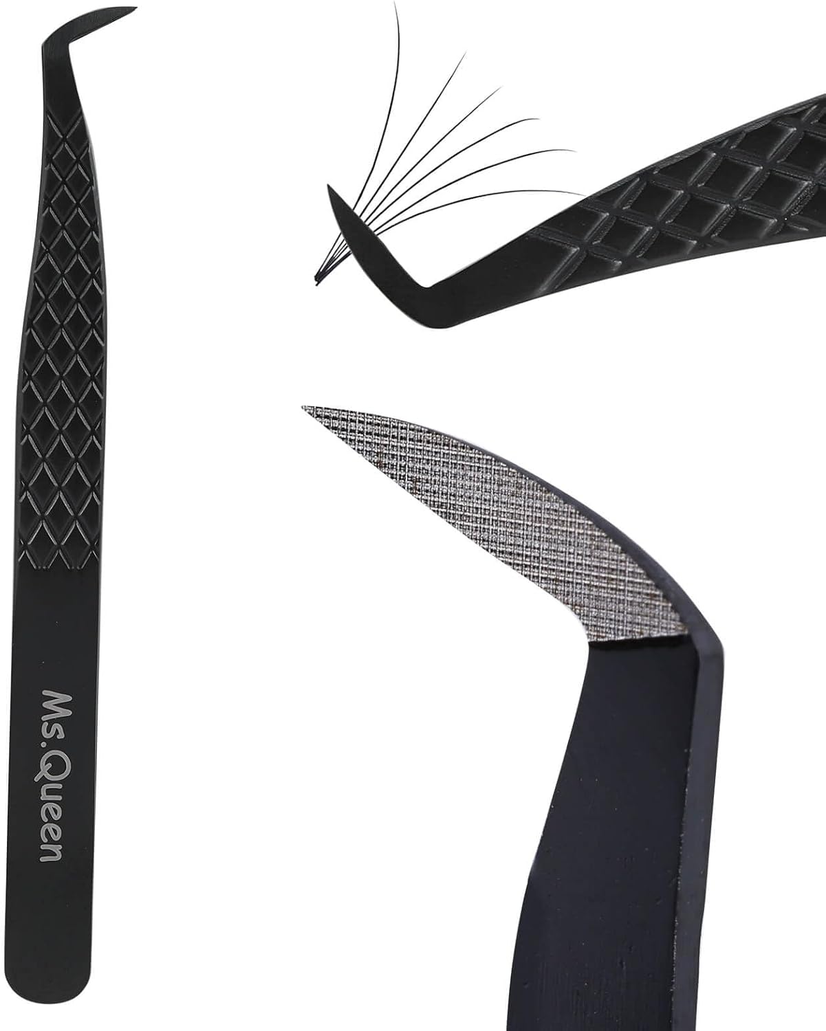 Ms.Queen Tweezers for Eyelash Extensions, Professional Microfiber Tip Boot Tweezers for Mega Volume Lash Extensions,Black