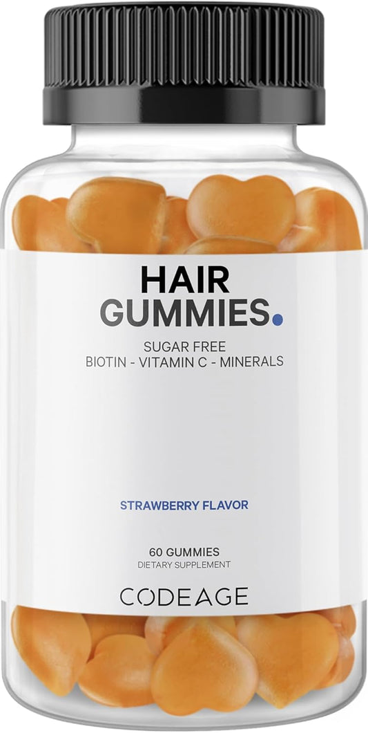 Codeage Hair Gummies, Biotin 5000 mcg, Sugar Free Growth Gummy Vitamins A, C, B6, B12, D3, Zinc, Inositol Supplement, Women & Men, Pantothenic Folic Acid, Nails, Skin, Strawberry Coconut Flavor, 60 ct