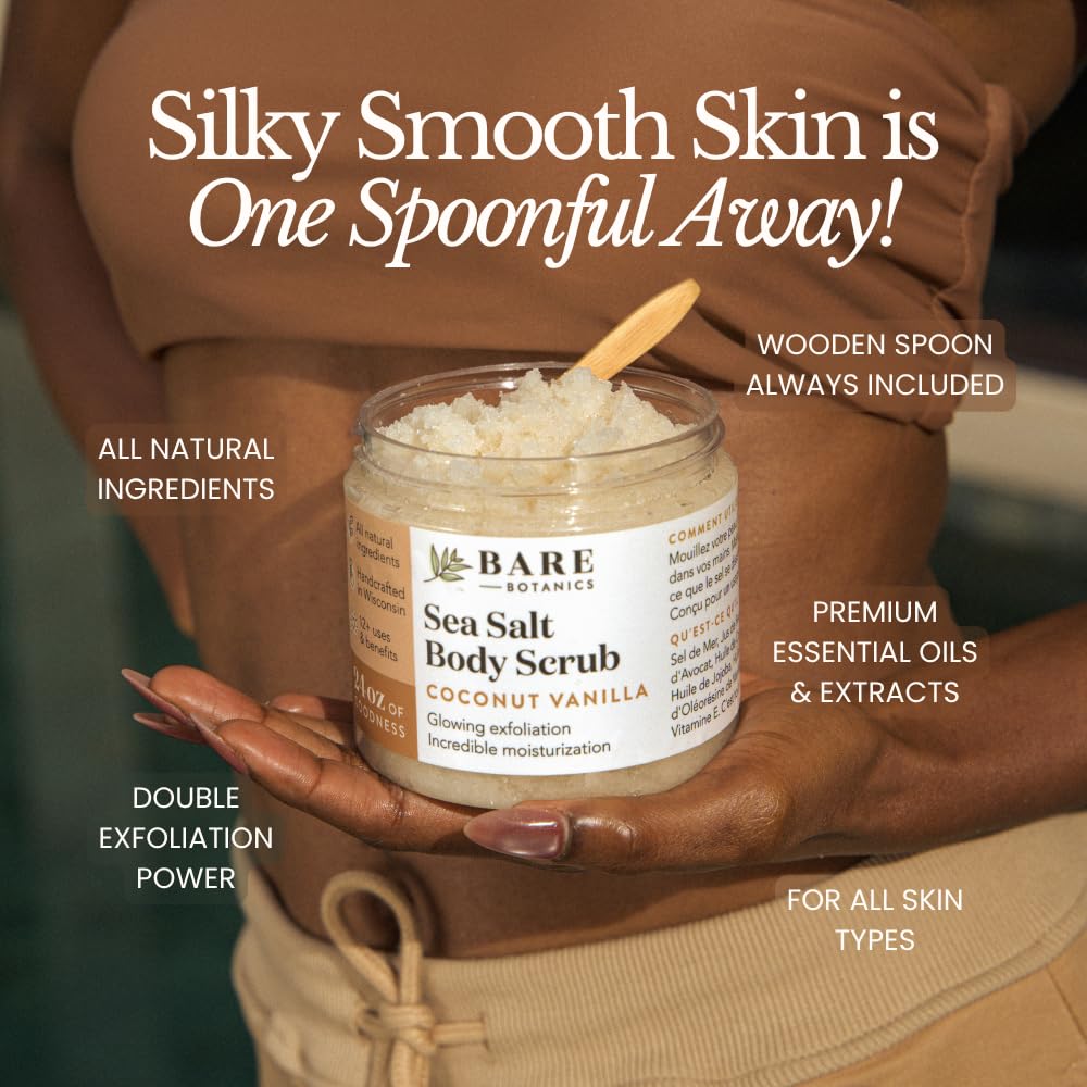 Bare Botanics Bergamot Mint Body Scrub 24oz | Made in Madison, WI | All Natural Sea Salt Exfoliator w/ Skin Loving Moisturizers | Vegan & Cruelty Free | Gift Ready Packaging w/ a Cute Wooden Spoon
