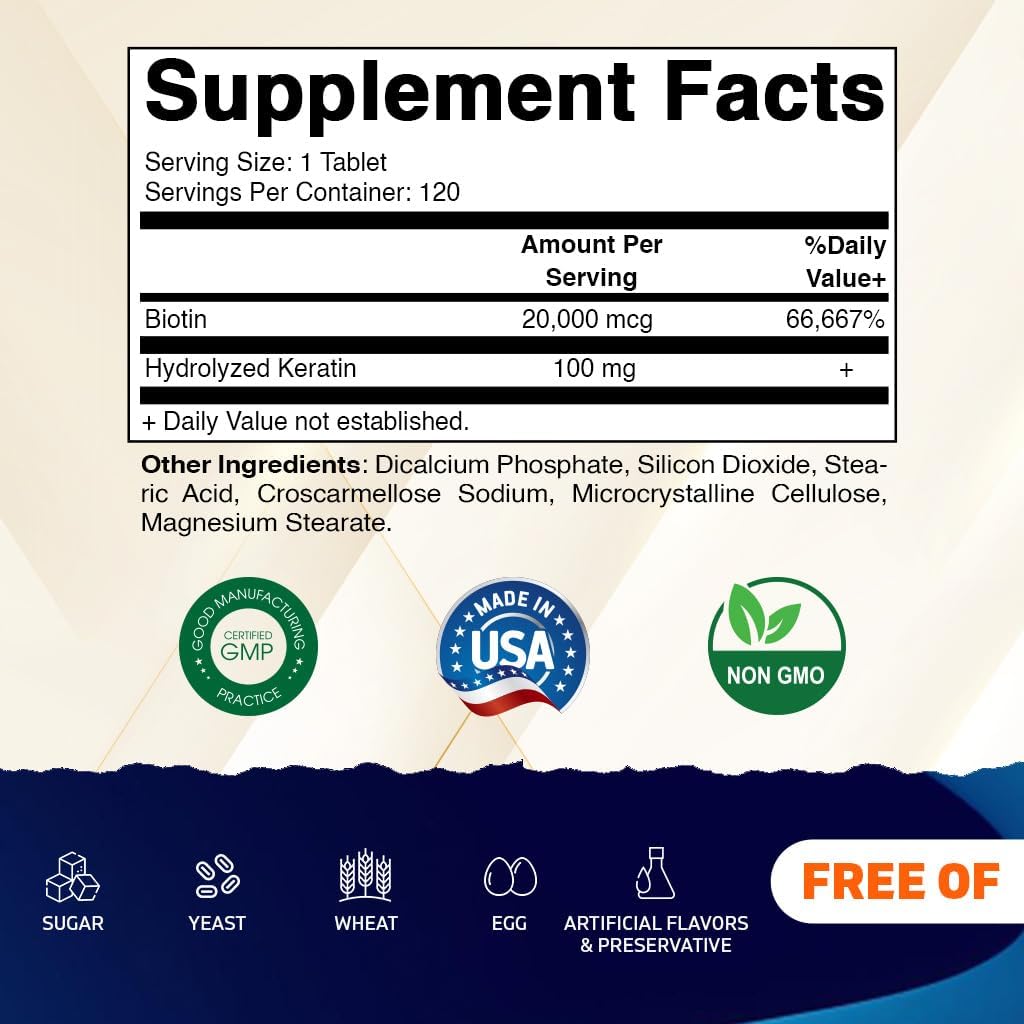Vitamatic High Potency Biotin 20000 mcg (20mg) with Keratin 100mg - 120 Vegetarian Tablets - Biotin Supplements for Healthy Hair Skin & Nails for Adults (120 Count (Pack of 1))