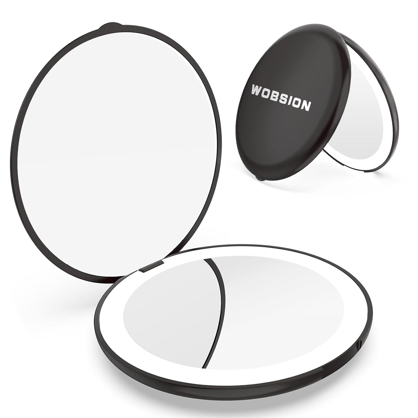 WOBSION Travel Compact Mirror,Portable 1x/10x LED Makeup Mirror with Magnification,Handheld 2-Sided Pocket Mirror, 3.5in Small Mirror for Purse,Handbag,Gift,Black