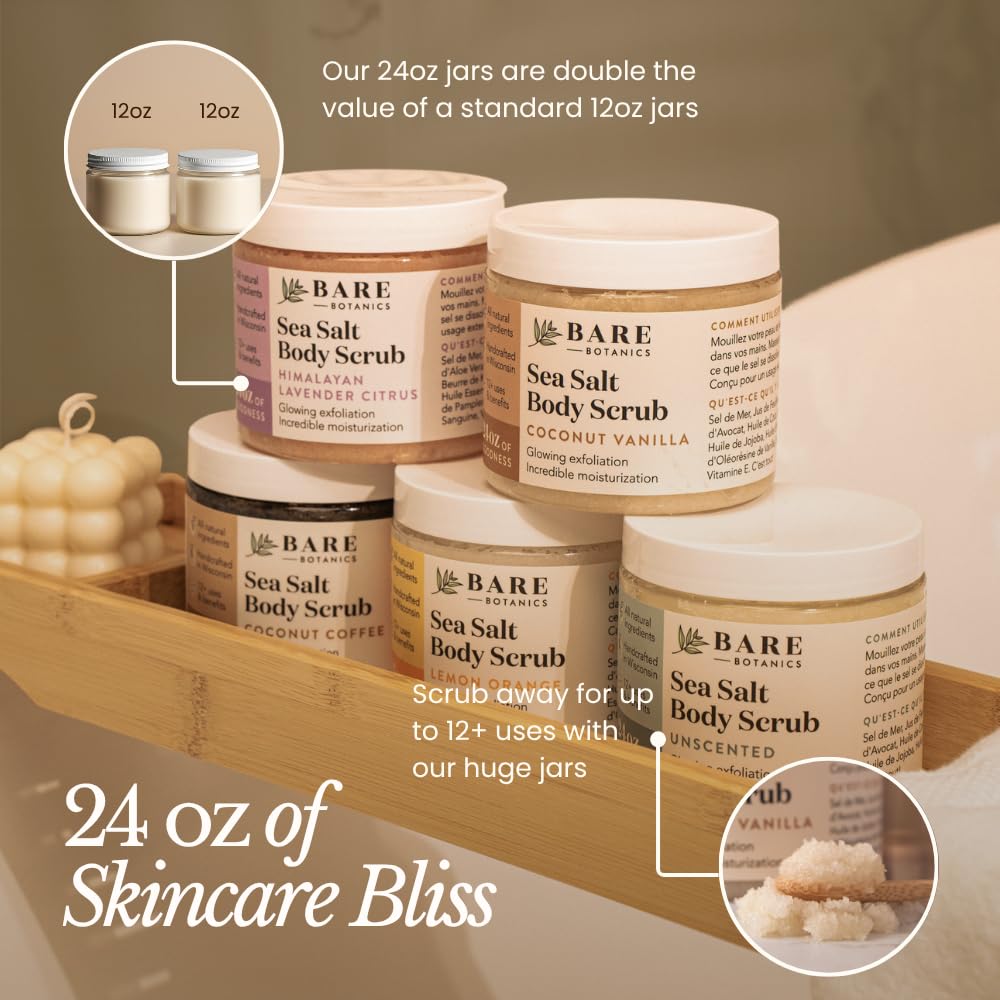 Bare Botanics Bergamot Mint Body Scrub 24oz | Made in Madison, WI | All Natural Sea Salt Exfoliator w/ Skin Loving Moisturizers | Vegan & Cruelty Free | Gift Ready Packaging w/ a Cute Wooden Spoon