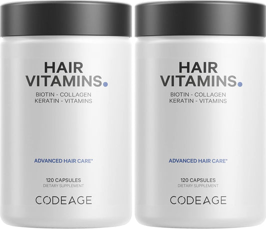 Codeage Hair Vitamins 10000 mcg Biotin, Keratin, Collagen, Vitamin A, B12, C, D3, E, Zinc, Turmeric, Probiotics, Enzymes, Inositol - Hair Care Support - Healthy Hair Supplement Pills - 2 Pack