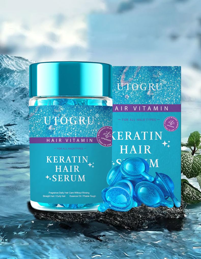 UTOGRU Keratin Hair Serum for Frizzy and Damaged Hair - Styling & Moisturizing Oil Capsules With Avocado, Leave-in Anti Frizz Vitamins A, E & B5