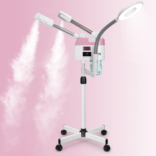 Professional Facial Steamer, 3 in 1 Facial Steamer with 5X Magnifying Lamp Hot&Cool Mist, Esthetician Steamer on Wheels, Stand Face Steamer with Time Setting for Home Salon Spa
