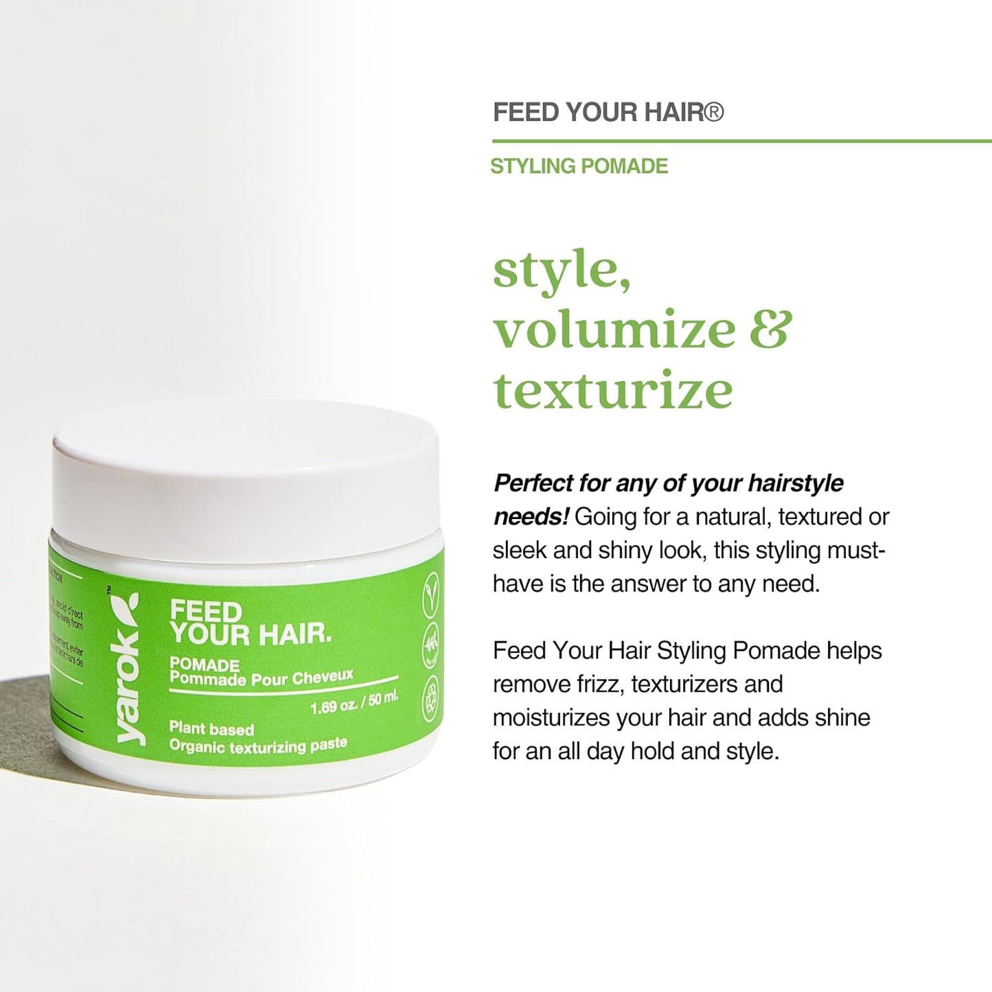 Yarok - Feed Your Hair Styling Pomade - Style, Volumize & Texturize - Firm Hold Whipped Pomade - Moisturizing Frizz-Control - Adds Shine - 100% Vegan - Gluten, Sulfate, Paraben & Cruelty Free - 1.69oz