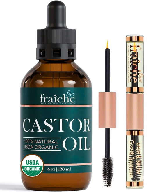Live Fraiche Organic Castor Oil (4oz) + Filled Mascara Tube, 100% USDA Pure, Cold Pressed, Hexane Free Lash Serum Hair Growth Oil for Eyelashes, Eyebrows, Hair - Brow and Hair Treatment Oil