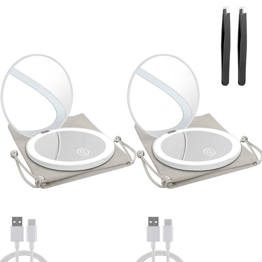 Compact Mirror with LED Light,1x/10x Magnifying Rechargeable Mirror,3.5in, Dimmable Travel Mirror for Purse,Pocket,Handheld 2-Sided Makeup Mirror