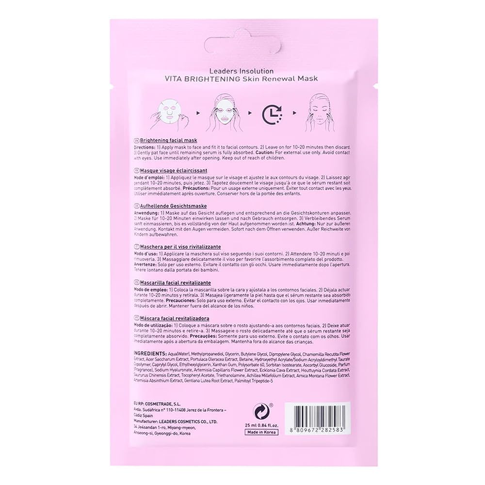Leaders Insolution VITA Brightening Skin Renewal Mask | Vitamin C & Niacinamide for Dark Spot Reduction and Luminous Glow | 100% Natural Cotton Sheet for Dull Skin (5 Sheets)