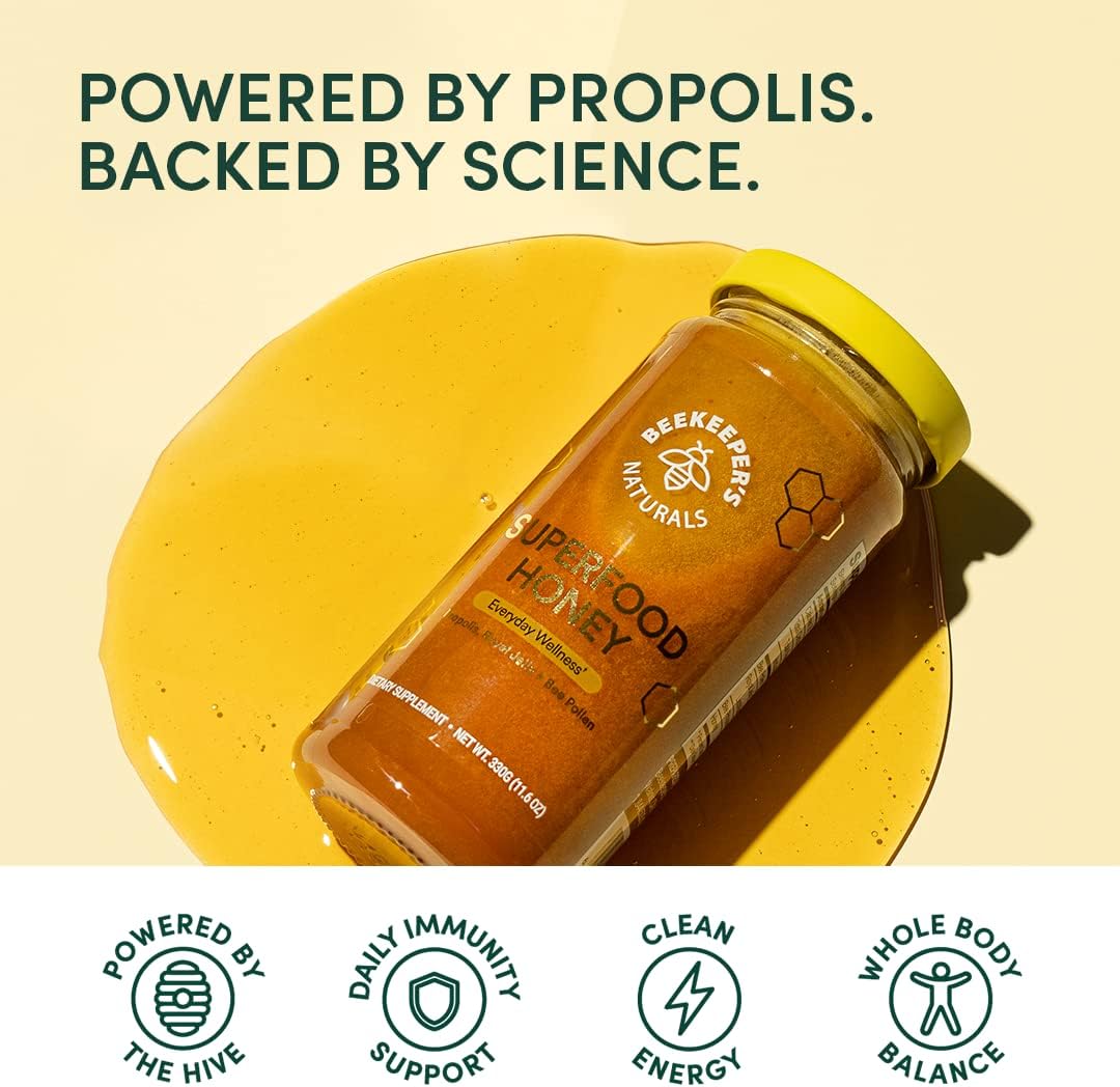 Superfood Honey by Beekeeper's Naturals - Bee Pollen, Royal Jelly, Propolis, Honey - Natural Energy, Immune Support, Mental Clarity, Athletic Performance (11.6 oz)