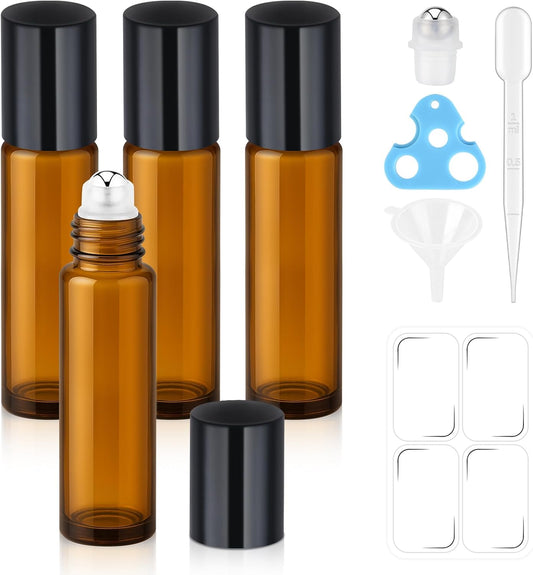 10ml Roller Bottles for Essential Oils(4-Pack), Leak-Proof Amber Glass Roller Ball Applicator, Opener, Droppers, Funnel & Labels, Roll on Bottles for Perfume & DIY Skincare