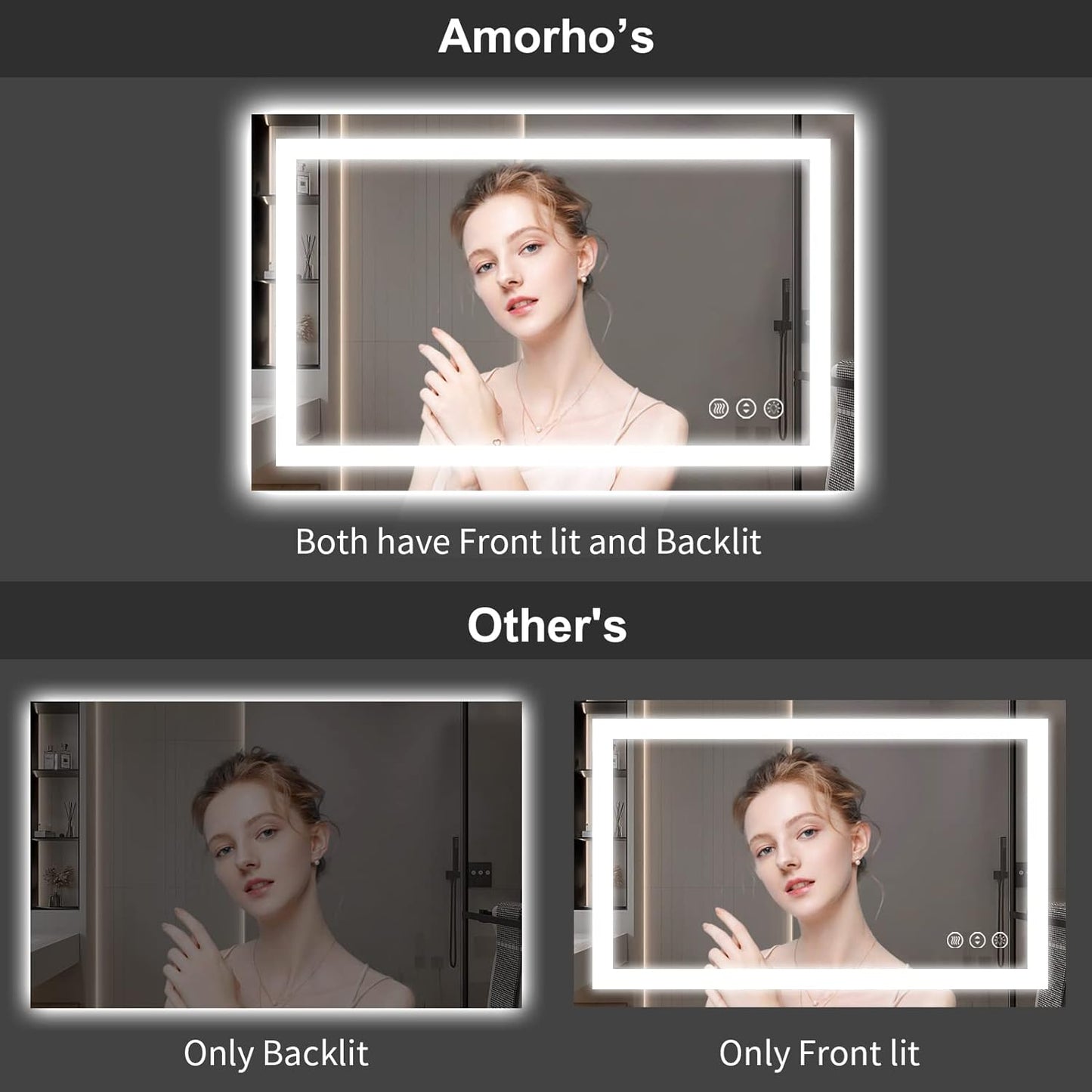 Amorho LED Bathroom Mirror 60" X30" with Front Light and Backlight, Large Vanity Mirrors for Wall, Anti-Fog, ShatterProof, Memory, 3 Colors, ETL Listed